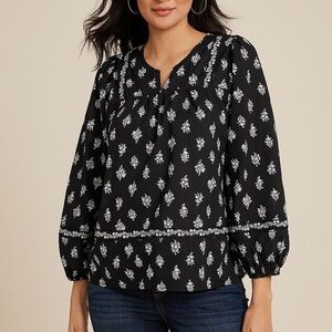 Maurices Black and White Patterned Cotton Peasant Blouse Long Sleeve NEW XXL